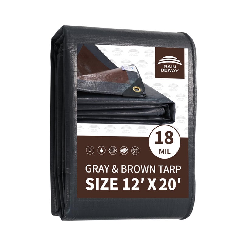 RAINDEWAY 12x20 Feet Super Heavy Duty Tarp 18 Mil UV Resistant Weatherproof Multipurpose Waterproof Poly Tarp with Grommets and Reinforced Edges GrayBrown