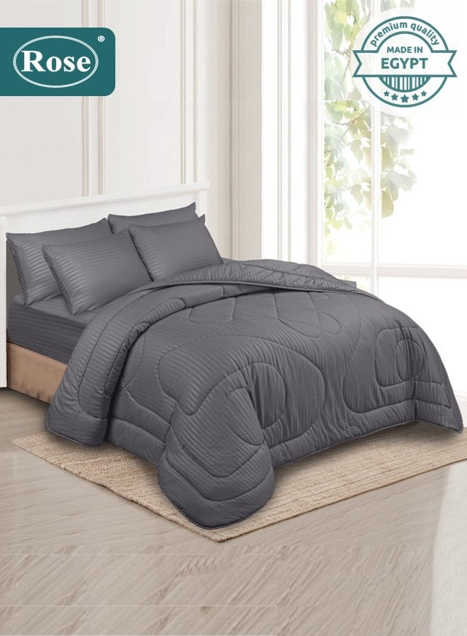 Rose Hotel Striped Comforter Set, Premium Microfiber, 6 Pieces, Fits 200x200 cm Double Size Bed, Breathable Soft Cooling, King Size Comforter, Grey - Image 1