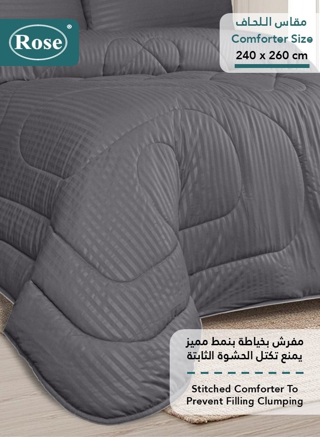 Rose Hotel Striped Comforter Set, Premium Microfiber, 6 Pieces, Fits 200x200 cm Double Size Bed, Breathable Soft Cooling, King Size Comforter, Grey - Image 3