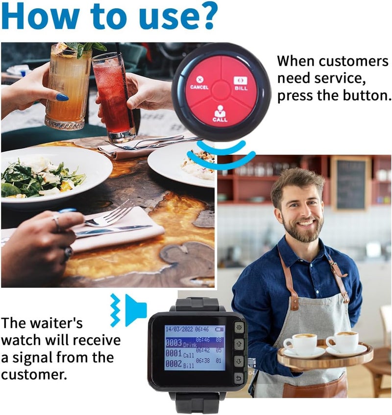 Restaurant Pagers for Servers Wireless Waiter Call system Waterproof Waiter Wristband Watch Pager Wireless Calling System 1 Watch 10 table calling buzzer restaurant - Image 2