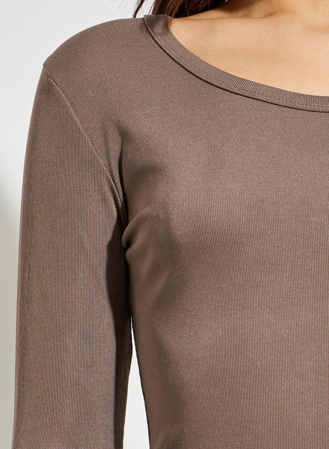 Styli Brown Round Neck Ribbed Knit Top - Image 3