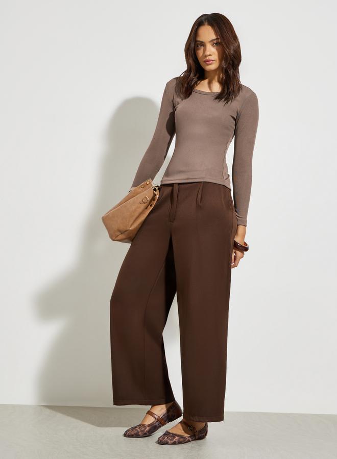 Styli Brown Round Neck Ribbed Knit Top - Image 2