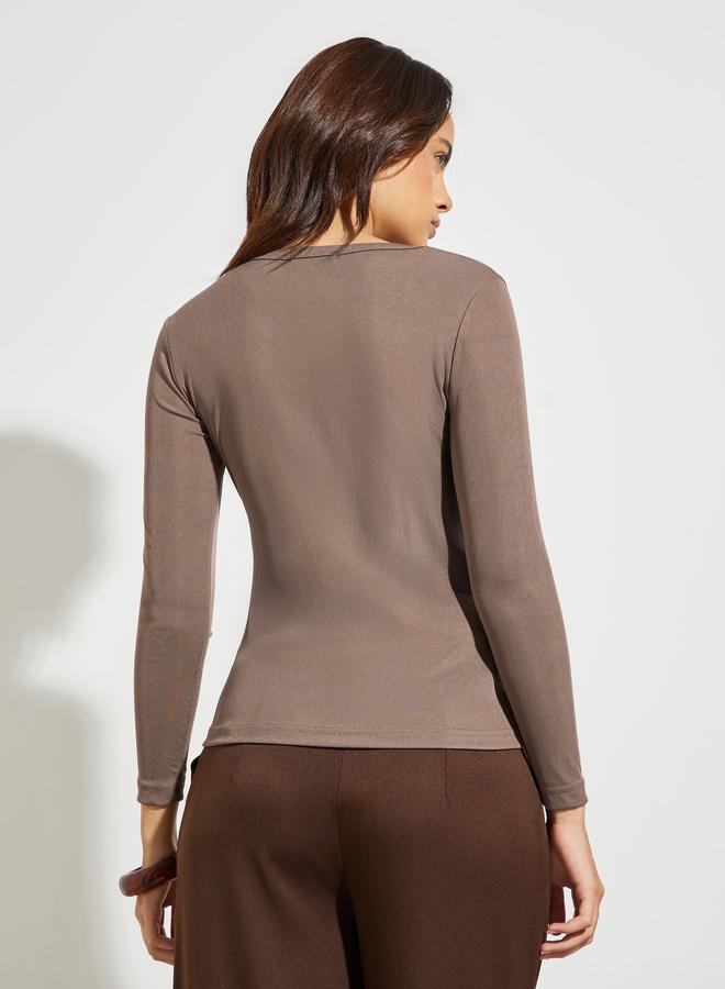 Styli Brown Round Neck Ribbed Knit Top - Image 4