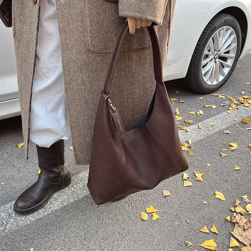 Vintage Underarm Tote Bag Women'S Fashionable Simple Textive Solid Color Large Capacity Shoulder Bag - Image 5