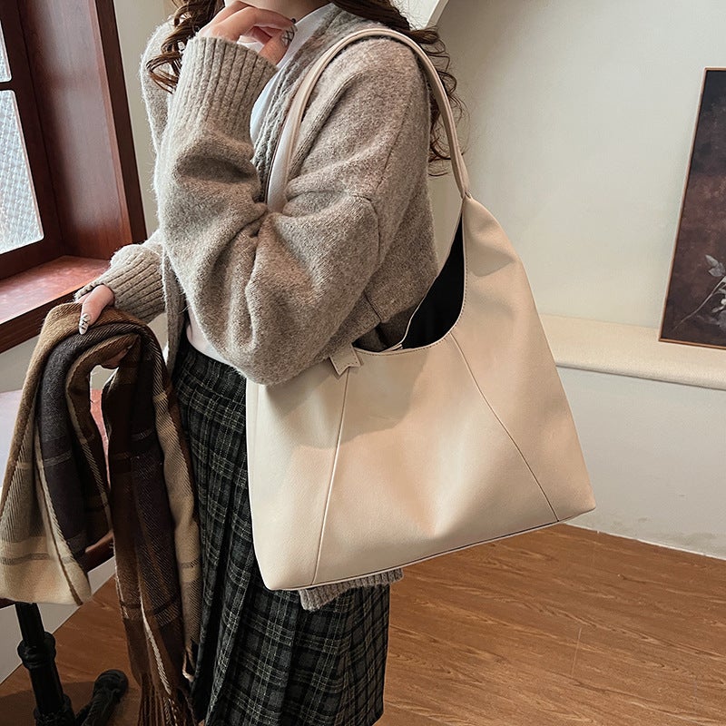 Vintage Underarm Tote Bag Women'S Fashionable Simple Textive Solid Color Large Capacity Shoulder Bag - Image 3