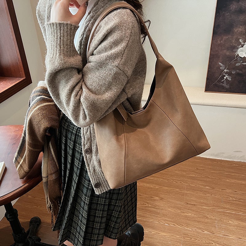 Vintage Underarm Tote Bag Women'S Fashionable Simple Textive Solid Color Large Capacity Shoulder Bag - Image 4