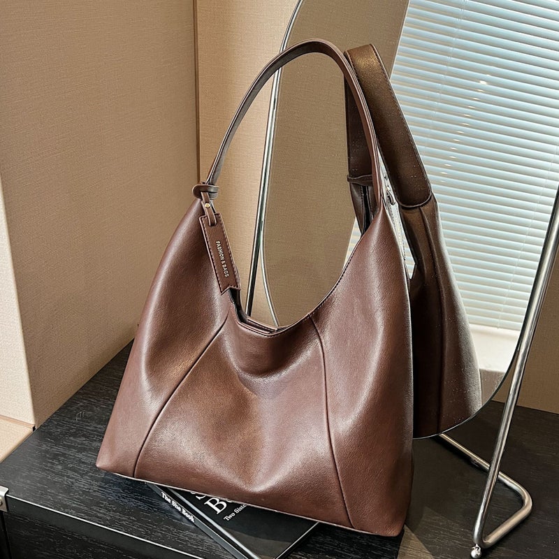 Vintage Underarm Tote Bag Women'S Fashionable Simple Textive Solid Color Large Capacity Shoulder Bag - Image 2