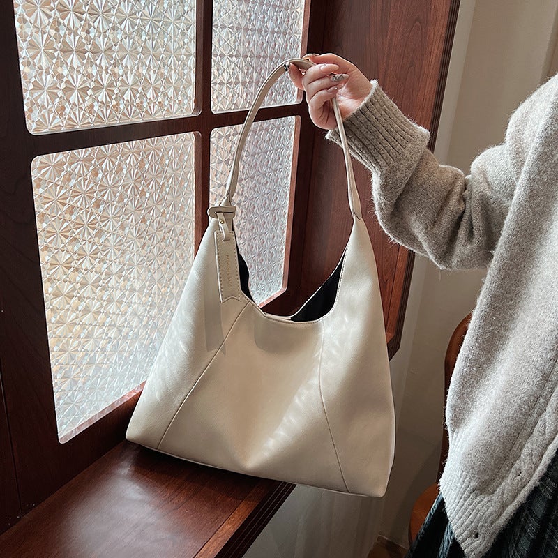 Vintage Underarm Tote Bag Women'S Fashionable Simple Textive Solid Color Large Capacity Shoulder Bag - Image 1