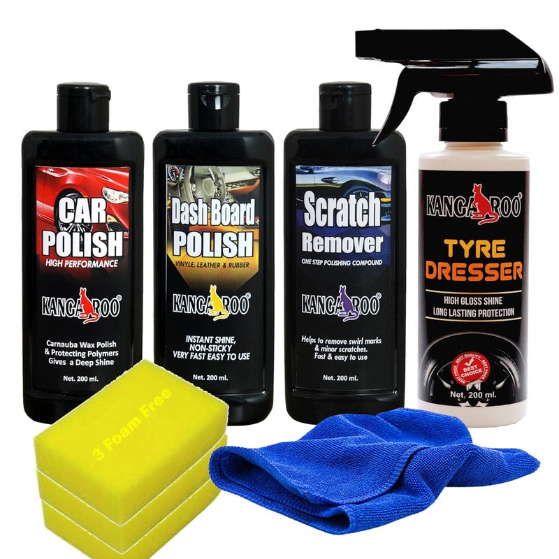 KANGAROO Car Care Kit (Tyre Dresser + Car Polish + Dashboard Polish + Scratch Remover) with 3 Sponge and 1 Micro Fiber Towel Total Your Car Care Pack - Image 1