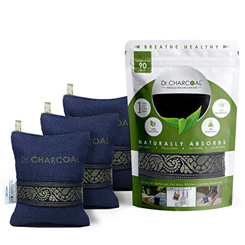 Dr. CHARCOAL Coconut Shell Activated Carbon Air Purifier Bags To Deodorize And Dehumidify Car And Bathroom (200G, Pack Of 3, Classic Neel) - Granule - Image 1