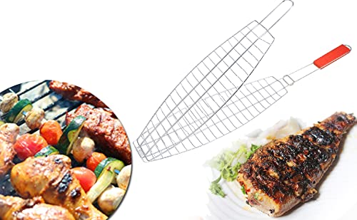 tgopit Fish Grilling Basket with Locking Grill Handle for Outdoor Indoor BBQ Set Tools for Grilling Portable FishShaped Grill BBQ Basket Non Stick for Grilling FishMeatVegetables ShrimpSilver - Image 1
