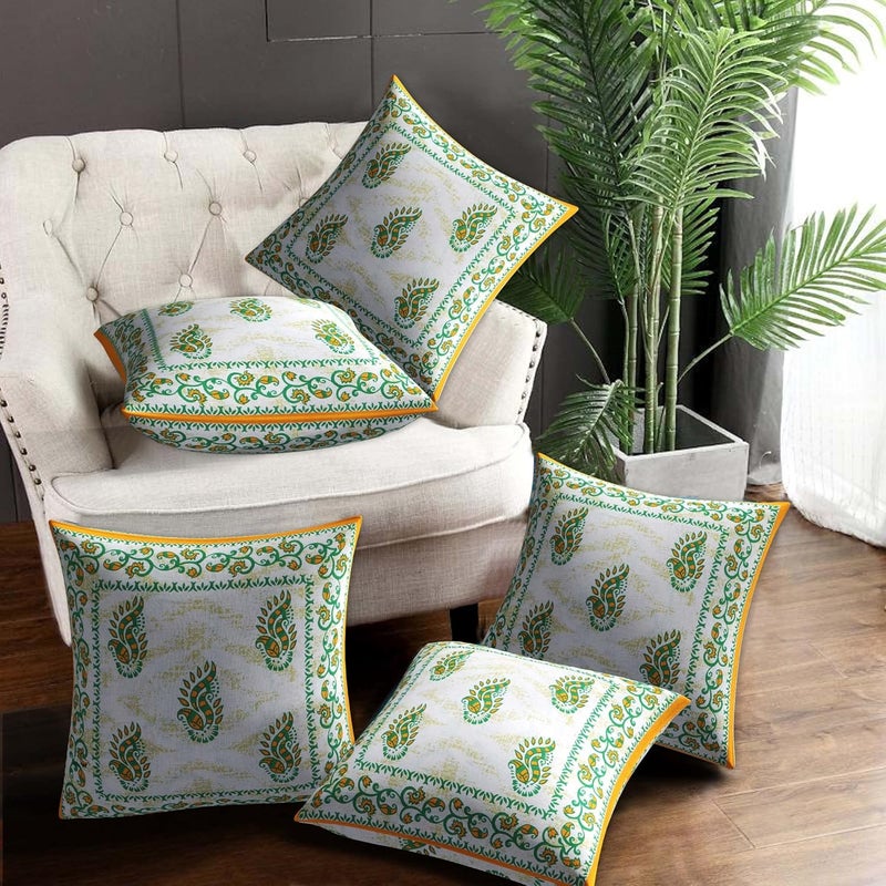 AMLEXTTRIZ Flower Print 100 Pure Cotton Cushion Cover Set of 5 Decorative Covers for Sofa Bedroom Living Room Size 16x16 Yellow - Image 1