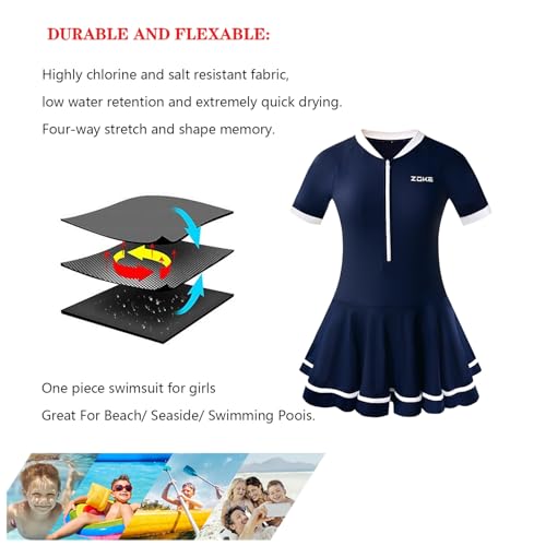 karrack Girls Swimsuit Sport Skirted Bathing Suit One Piece UPF 50+ Sun Protection Bathing Beach Zipper Swim Dress (Size 6-7 Years) Deep Blue/White - Image 4