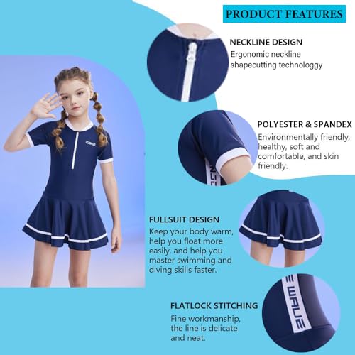 karrack Girls Swimsuit Sport Skirted Bathing Suit One Piece UPF 50+ Sun Protection Bathing Beach Zipper Swim Dress (Size 6-7 Years) Deep Blue/White - Image 2