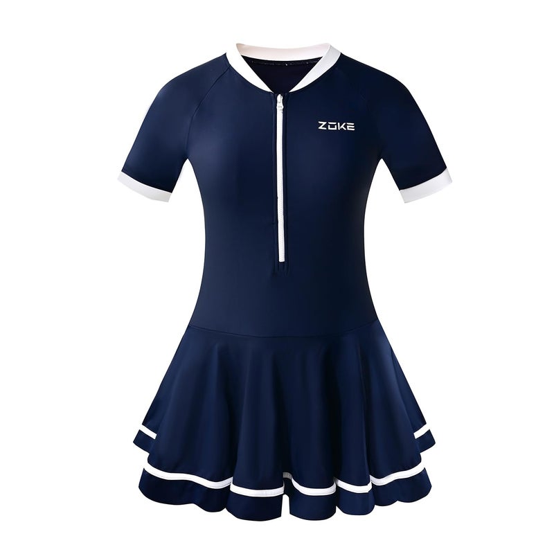 karrack Girls Swimsuit Sport Skirted Bathing Suit One Piece UPF 50+ Sun Protection Bathing Beach Zipper Swim Dress (Size 6-7 Years) Deep Blue/White - Image 5