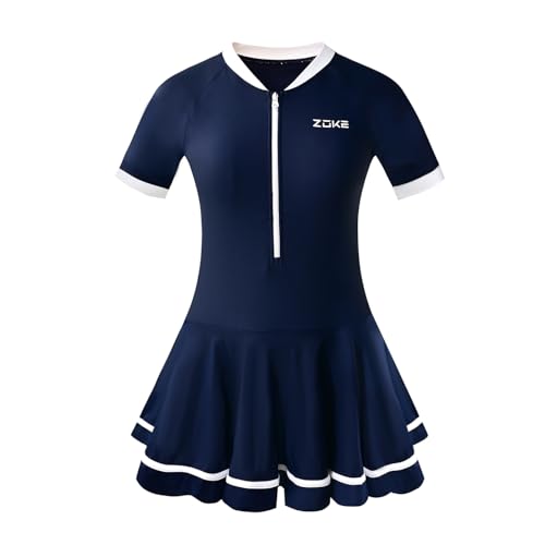 karrack Girls Swimsuit Sport Skirted Bathing Suit One Piece UPF 50+ Sun Protection Bathing Beach Zipper Swim Dress (Size 6-7 Years) Deep Blue/White - Image 1