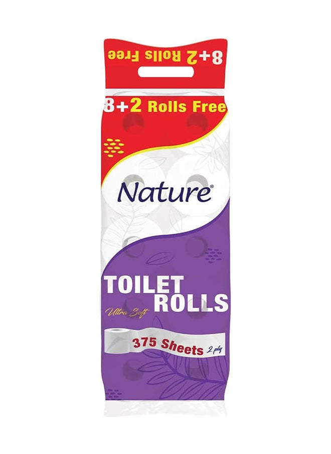 NATURE Toilet Rolls Flushable 375 Sheets X 2Ply 8+2 Free Rolls White  - Image 1