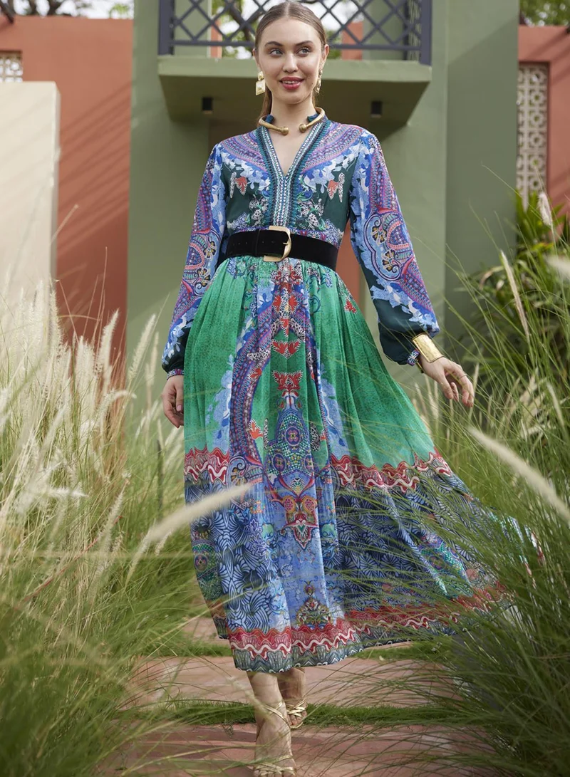 بهاني بواسطة جيوتي PARAKEET GREEN & IRIS BLUE MAXI DRESS