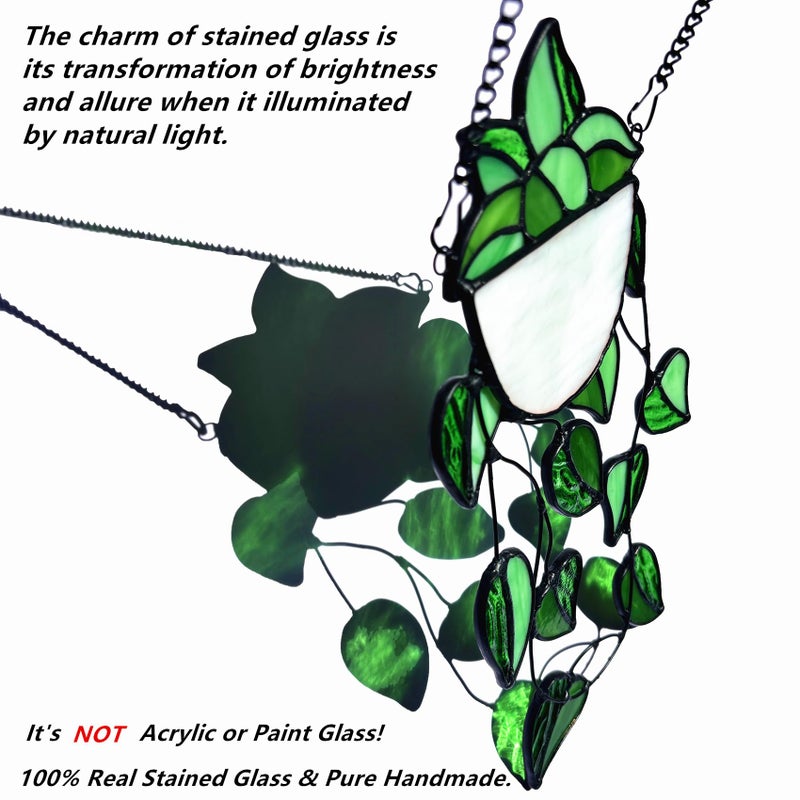 Lcensp Green Faux Plants Stained Glass Window Hanging Suncatcher, Artificial Plants Decor Gift for Women, Stain Glass Sun Catchers Indoor Window, Handcrafted Home Wall Art Decoration Ornament. - Image 2