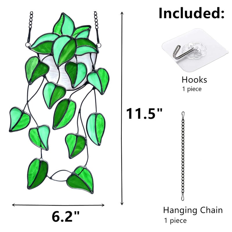 Lcensp Green Faux Plants Stained Glass Window Hanging Suncatcher, Artificial Plants Decor Gift for Women, Stain Glass Sun Catchers Indoor Window, Handcrafted Home Wall Art Decoration Ornament. - Image 3