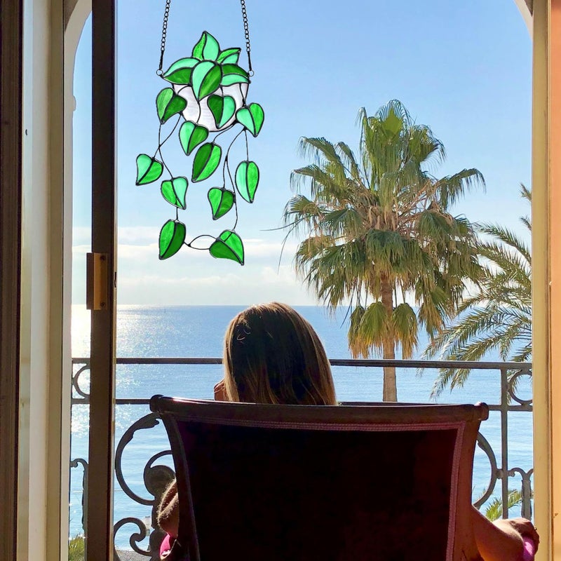 Lcensp Green Faux Plants Stained Glass Window Hanging Suncatcher, Artificial Plants Decor Gift for Women, Stain Glass Sun Catchers Indoor Window, Handcrafted Home Wall Art Decoration Ornament. - Image 4