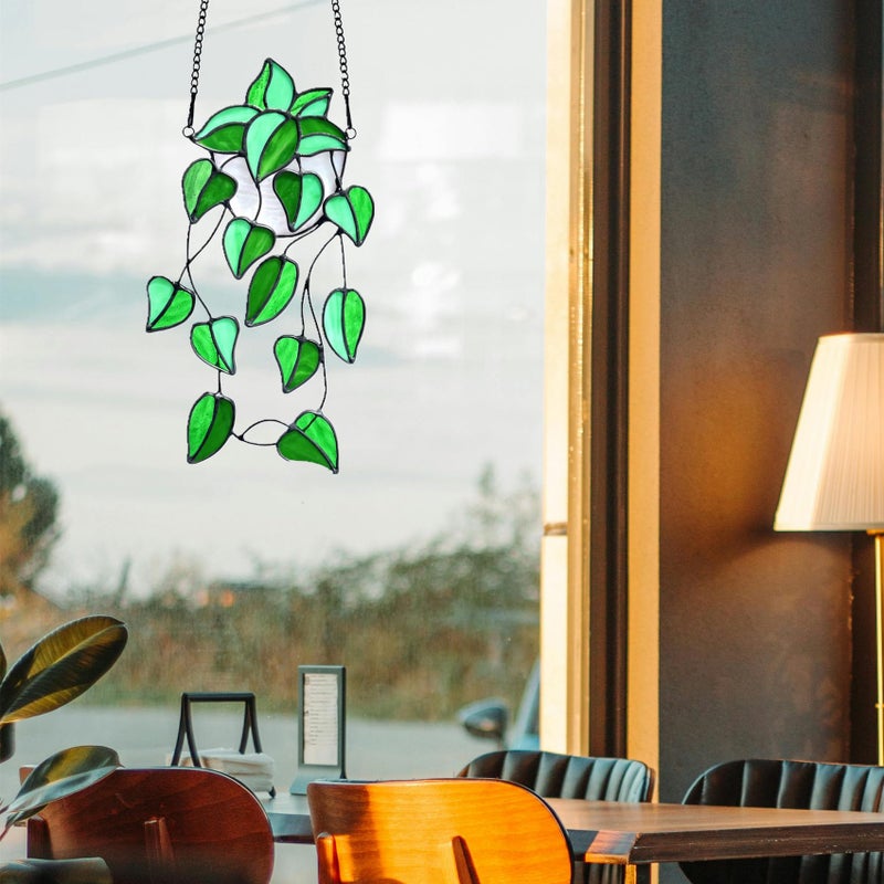 Lcensp Green Faux Plants Stained Glass Window Hanging Suncatcher, Artificial Plants Decor Gift for Women, Stain Glass Sun Catchers Indoor Window, Handcrafted Home Wall Art Decoration Ornament. - Image 5