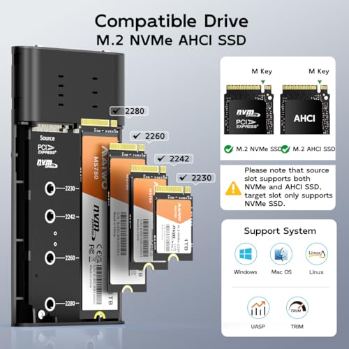 MAIWO M.2 NVMe SSD Cloner, Dual Bay PCIe NVMe Enclosure Reader, 20Gbps USB3.2 GEN2x2 16TB Capacity, M.2 SSD to USB C Adapter Duplicator, Tool Free Aluminum - Image 4
