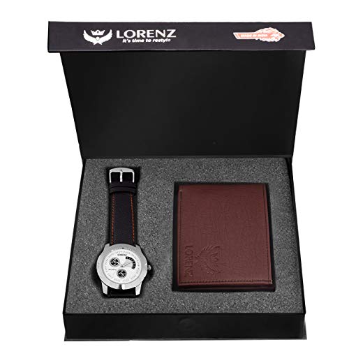 LORENZ Leather Combo Of Men'S Brown Wallet And White Dial Analog Watch - Image 1