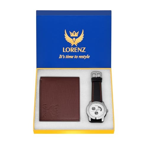 LORENZ Leather Combo Of Men'S Brown Wallet And White Dial Analog Watch - Image 2