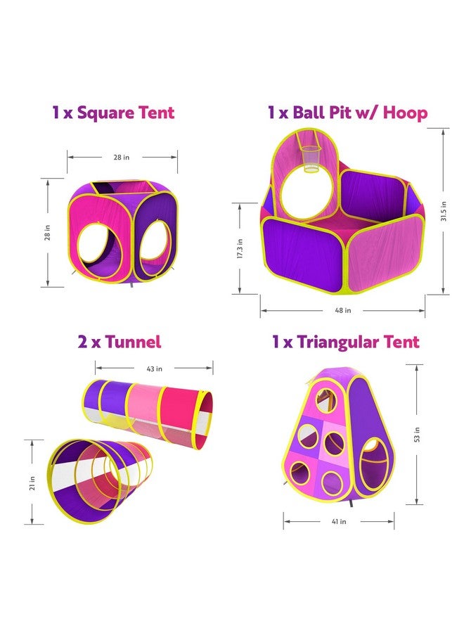 Playz Playz 5pc Kids Princess Play Tent, Ball Pit with Basketball Hoop & Kids Play Tunnel for Toddlers, Babies, Kids, Girls & Boys Indoor & Outdoor Pop Up Playhouse Bundle with Bag, Yellow, Pink & Purple - Image 2