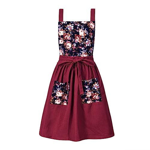 Pinknoke Vintage Pinafore Apron Dress for Women with Pockets Cute Floral Chef Aprons for Kitchen Cooking Baking Gardening (Claret) - Image 1