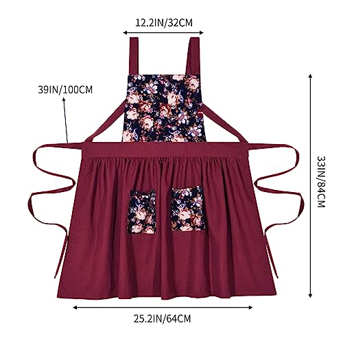 Pinknoke Vintage Pinafore Apron Dress for Women with Pockets Cute Floral Chef Aprons for Kitchen Cooking Baking Gardening (Claret) - Image 5