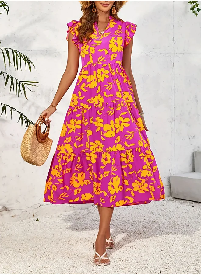 تايك تو Take Two Floral Print Ruffled Sleeve Tiered Midi Dress