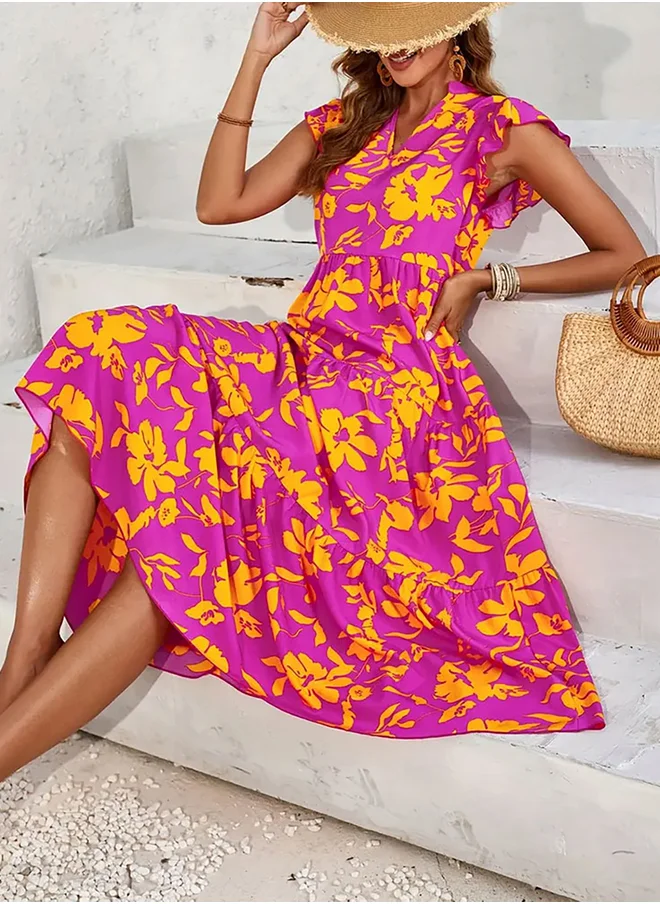 تايك تو Take Two Floral Print Ruffled Sleeve Tiered Midi Dress