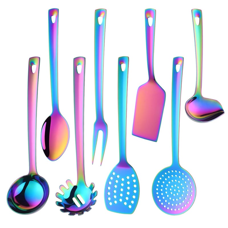 QOBIMOON Stainless Steel Kitchen Utensil Set -8 Cooking Utensils, Colorful Titanium Plated Set Kitchen Tools Gadgets Cake Shovels/Plain Spatula, Potato Masher, Spoon, Slotted Spoon-Rainbow Color - Image 1