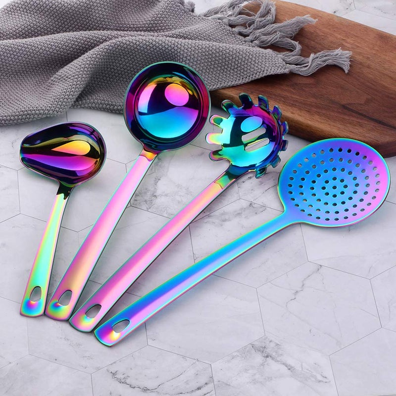QOBIMOON Stainless Steel Kitchen Utensil Set -8 Cooking Utensils, Colorful Titanium Plated Set Kitchen Tools Gadgets Cake Shovels/Plain Spatula, Potato Masher, Spoon, Slotted Spoon-Rainbow Color - Image 2