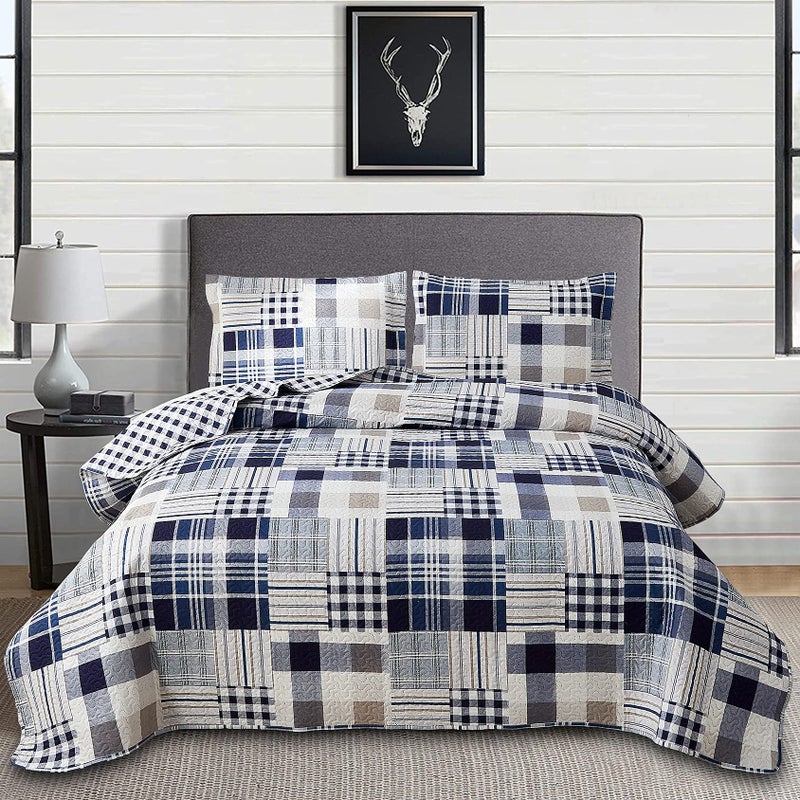 Green Essen Blue White Brown Plaid Quilt Set King Size Reversible Patchwork Bedspread Lightweight Blanket Soft Breathable Buffalo Check Bedding Gingham Coverlet Checker Bed Set Geometric Home Decor