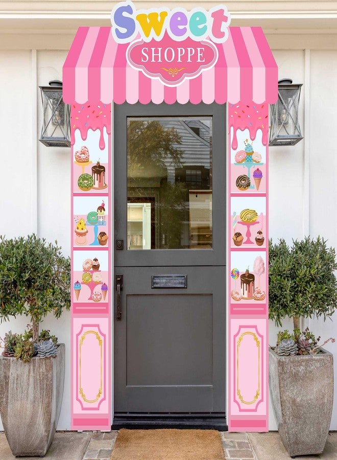 Lofaris 3 Pieces Pink Cute Sweet Shop Banner, Donut Cake Candy Shop Party Decorations, Kids Party Welcome Door Banners Set, Candy Theme Party Supplies for Birthday and Events - Image 1