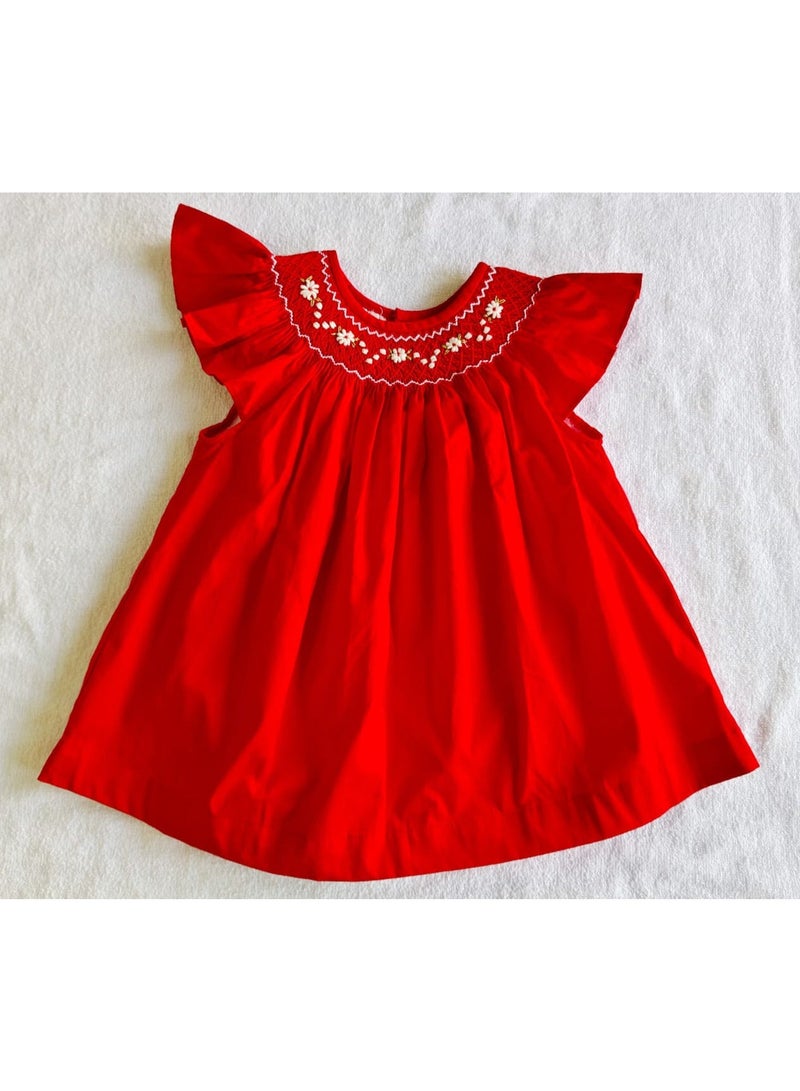 KEN'S N KAIT'S Hand Smocked Embroidered Cotton Kids Frock – Red Color with White Embroidery | Soft Cotton Mix 80/20 (12-18 Months) - Image 1