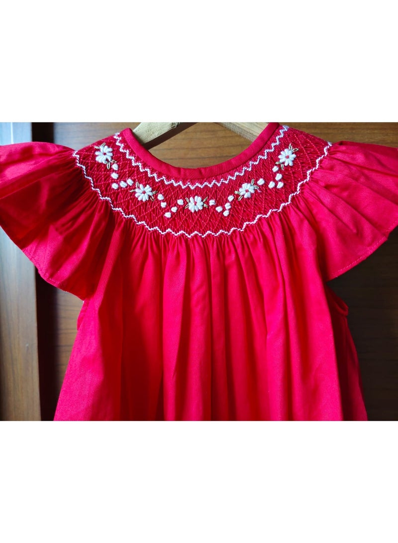KEN'S N KAIT'S Hand Smocked Embroidered Cotton Kids Frock – Red Color with White Embroidery | Soft Cotton Mix 80/20 (12-18 Months) - Image 4