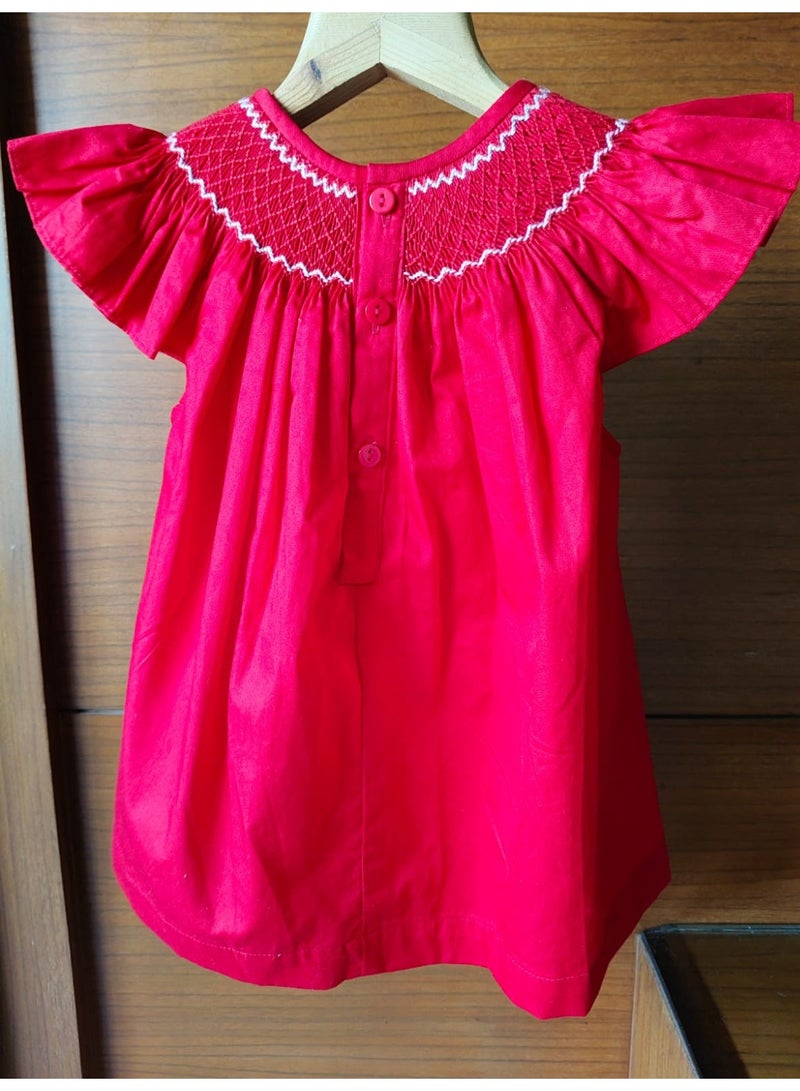 KEN'S N KAIT'S Hand Smocked Embroidered Cotton Kids Frock – Red Color with White Embroidery | Soft Cotton Mix 80/20 (12-18 Months) - Image 5