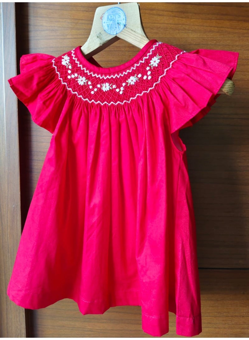KEN'S N KAIT'S Hand Smocked Embroidered Cotton Kids Frock – Red Color with White Embroidery | Soft Cotton Mix 80/20 (12-18 Months) - Image 3