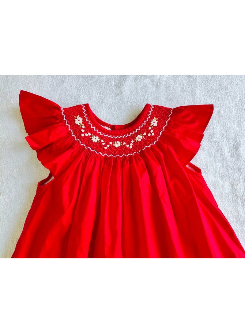 KEN'S N KAIT'S Hand Smocked Embroidered Cotton Kids Frock – Red Color with White Embroidery | Soft Cotton Mix 80/20 (12-18 Months) - Image 2