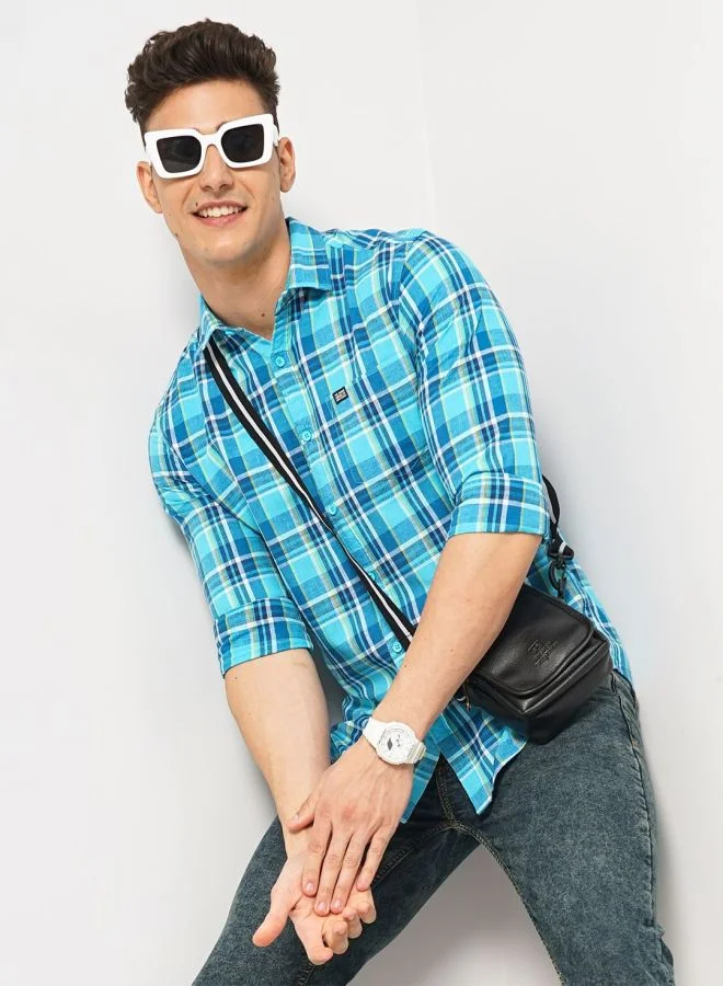 شركة المرآب الهندية Men Slim Fit Checkered Full Sleeves Cutaway Collar Casual Shirt