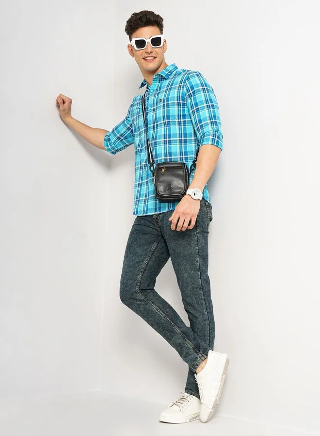 شركة المرآب الهندية Men Slim Fit Checkered Full Sleeves Cutaway Collar Casual Shirt