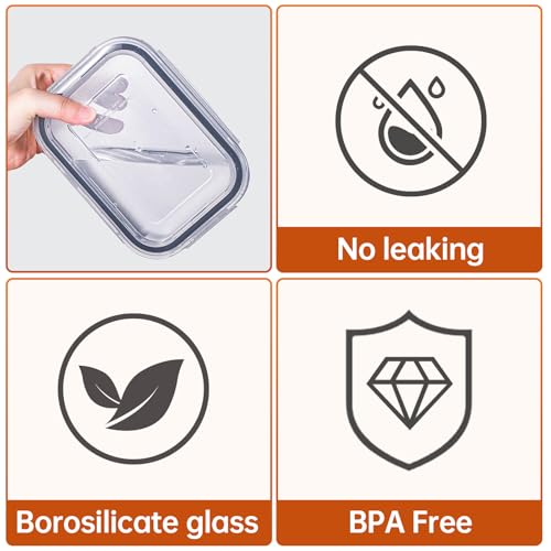 HOMBERKING 8 Pack Glass Food Storage Containers with Lids, Meal Prep Containers, Airtight Bento Boxes with Leak Proof Locking for Microwave, Oven, Freezer and Dishwasher, BPA Free, 5-35oz - Image 5