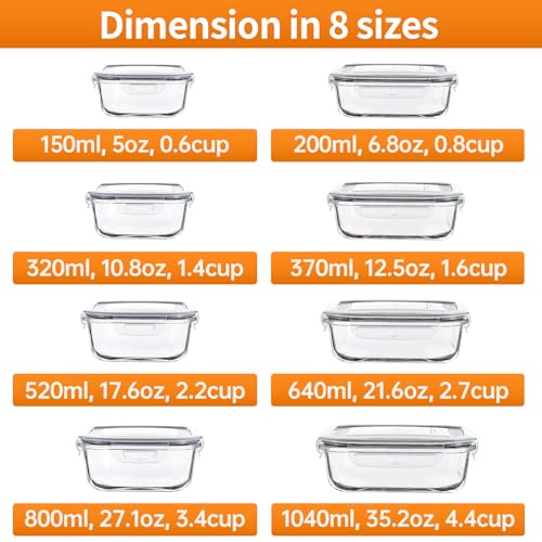 HOMBERKING 8 Pack Glass Food Storage Containers with Lids, Meal Prep Containers, Airtight Bento Boxes with Leak Proof Locking for Microwave, Oven, Freezer and Dishwasher, BPA Free, 5-35oz - Image 2