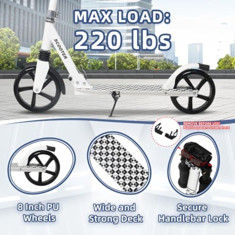 Kick Scooter for 6+ Years Teens Adults - 220LB Weight Capacity Front Shock Absorber and Adjustable Handlebar - Smooth Ride with 8" Sturdy Wheels Ideal for Outdoor Sports - Image 3