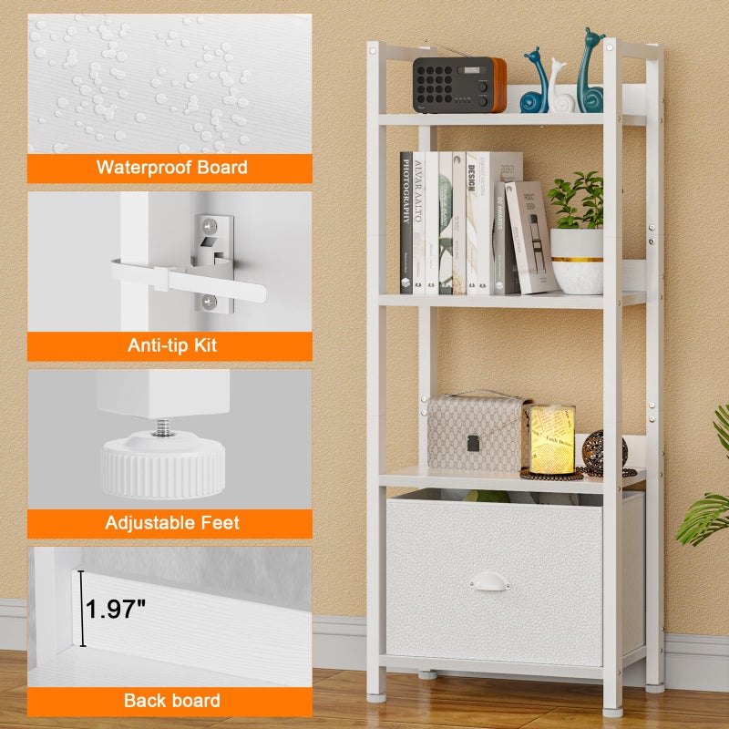 Furologee White 4 Tier Bookshelf with Drawer, Small Narrow Bookcase with Shelves, Modern Free Standing Shelf Unit, Wood and Metal Display Storage Shelves Organizer for Bedroom, Living Room, Entryway - Image 4