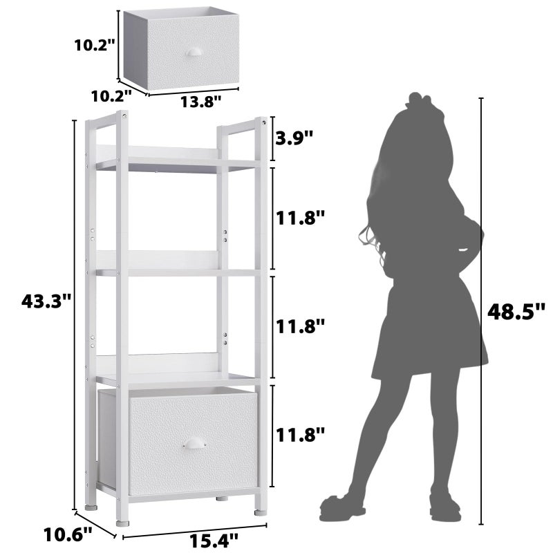 Furologee White 4 Tier Bookshelf with Drawer, Small Narrow Bookcase with Shelves, Modern Free Standing Shelf Unit, Wood and Metal Display Storage Shelves Organizer for Bedroom, Living Room, Entryway - Image 2
